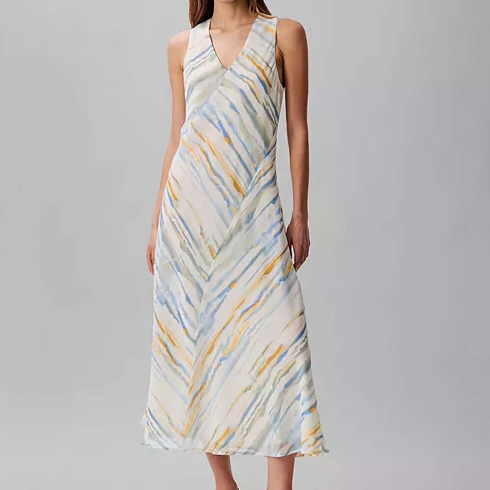 Calvin Klein Printed V Neck Sleeveless Midi Natural Multi Dress Womens Size XS